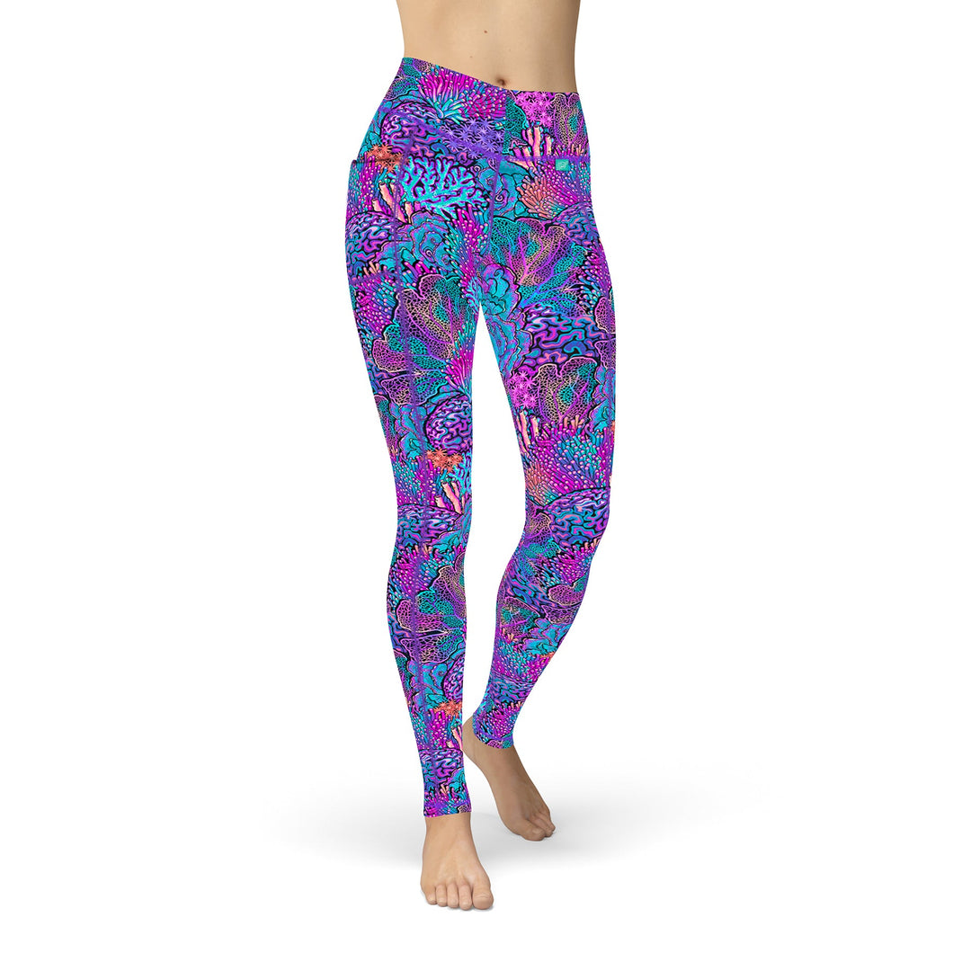 SpaceFish Army Eco-Friendly Coral Kaleidoscope Contour Leggings